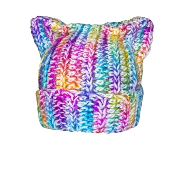 Handcrafted Crochet Winter Hat Rainbow Ice Yarn White Big Twist Cat Ear Ribbed - Picture 3 of 14